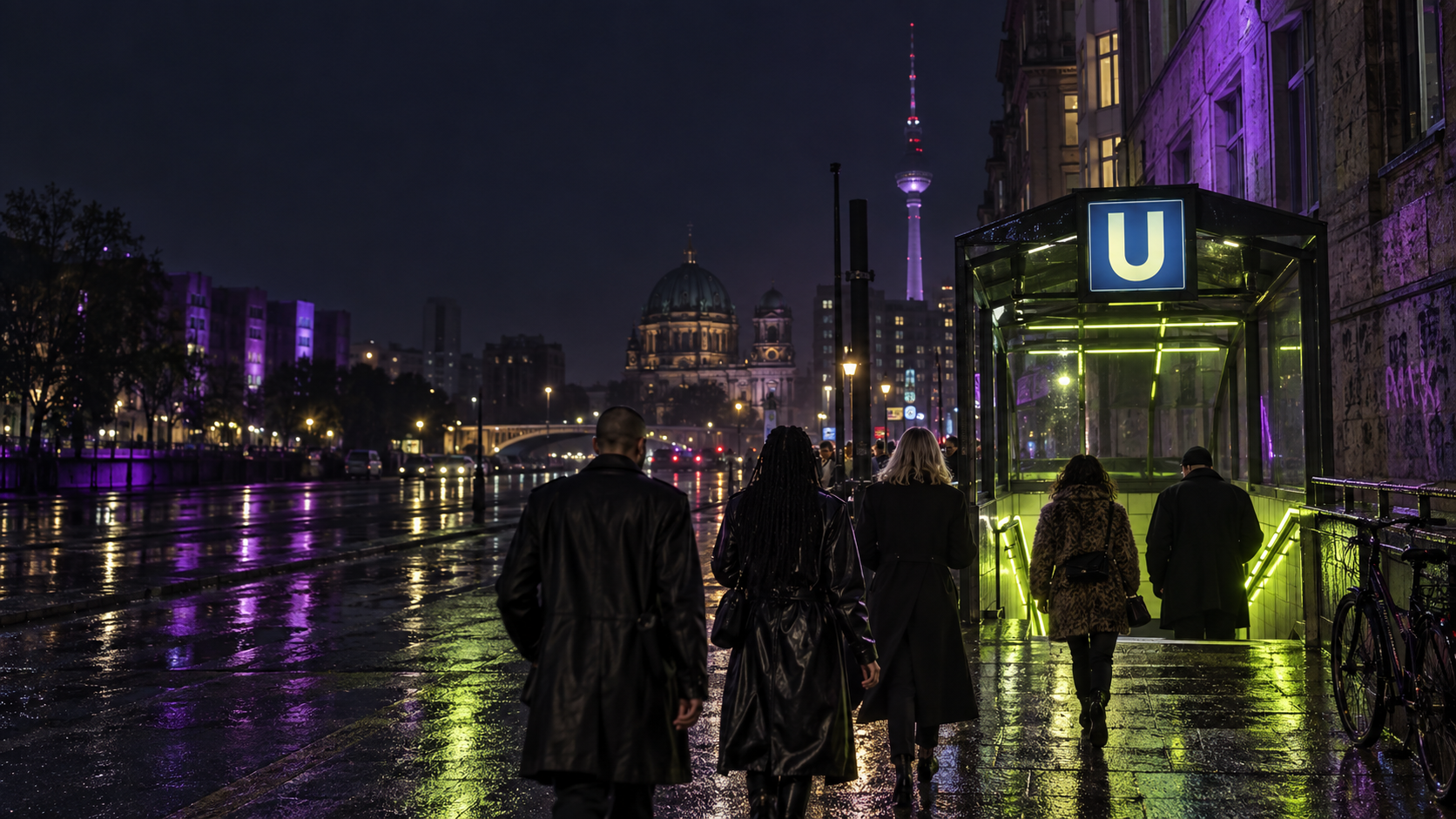 Rainy Berlin street at night, with friends walking toward the lights